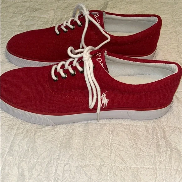 Polo by Ralph Lauren Red Canvas Flax Linen Low-Top White Logo Sneakers SZ 10.5 D - Picture 3 of 8